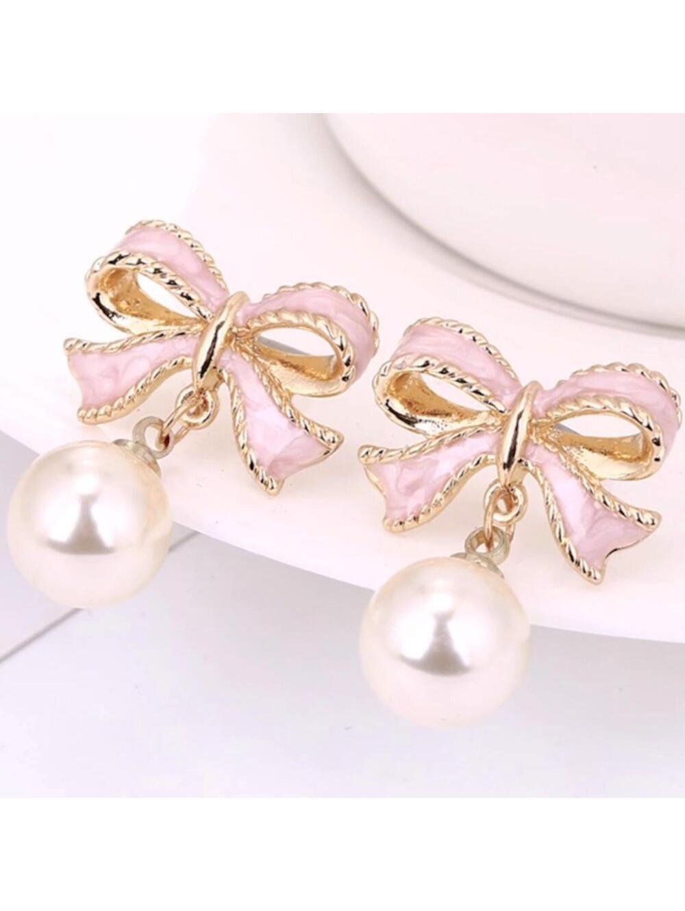 Pink Bow Pearl Earrings